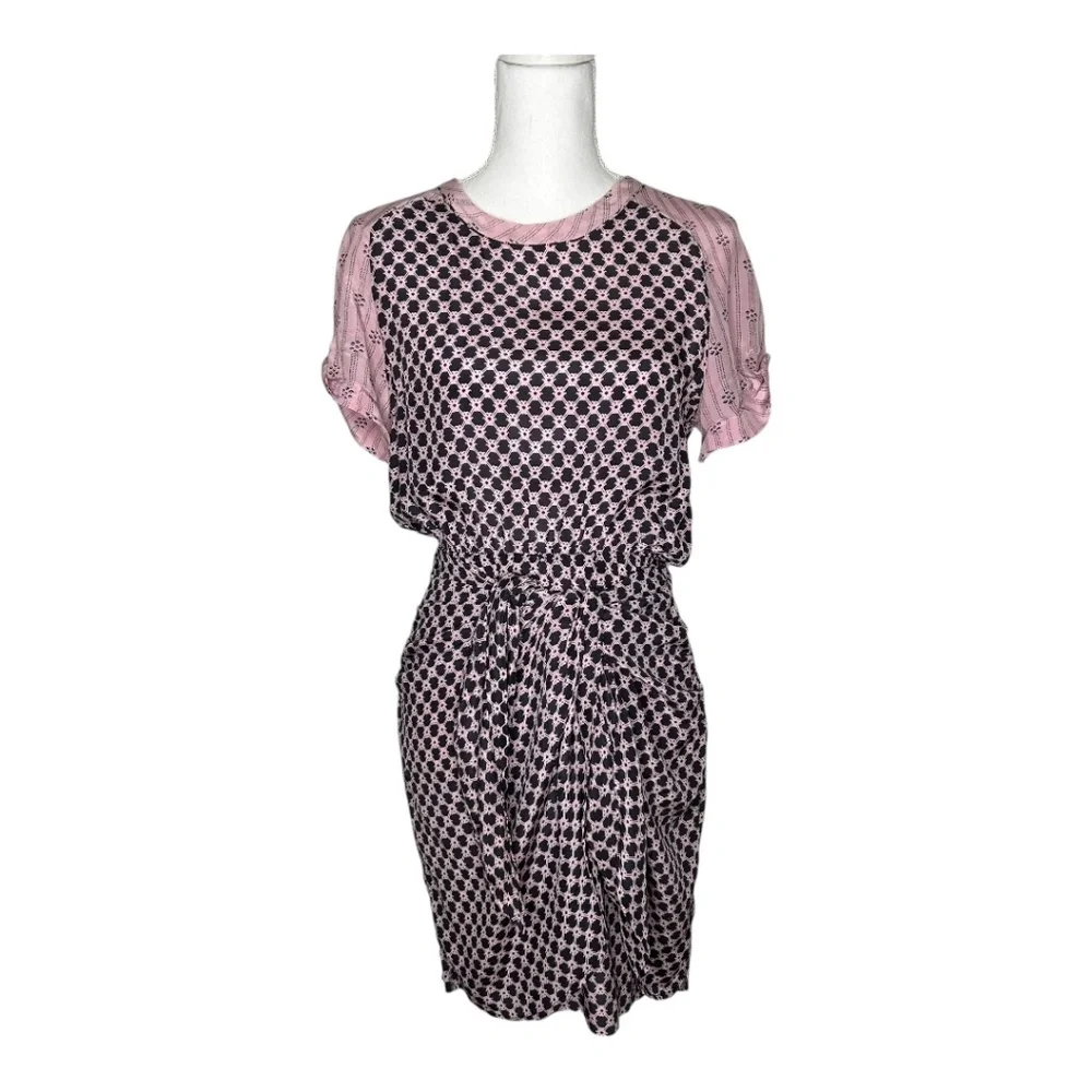 Isabel Marant Silk Tie Front Mini Dress Pink and Blue Pattern Size 38 Medium - Picture 1 of 8